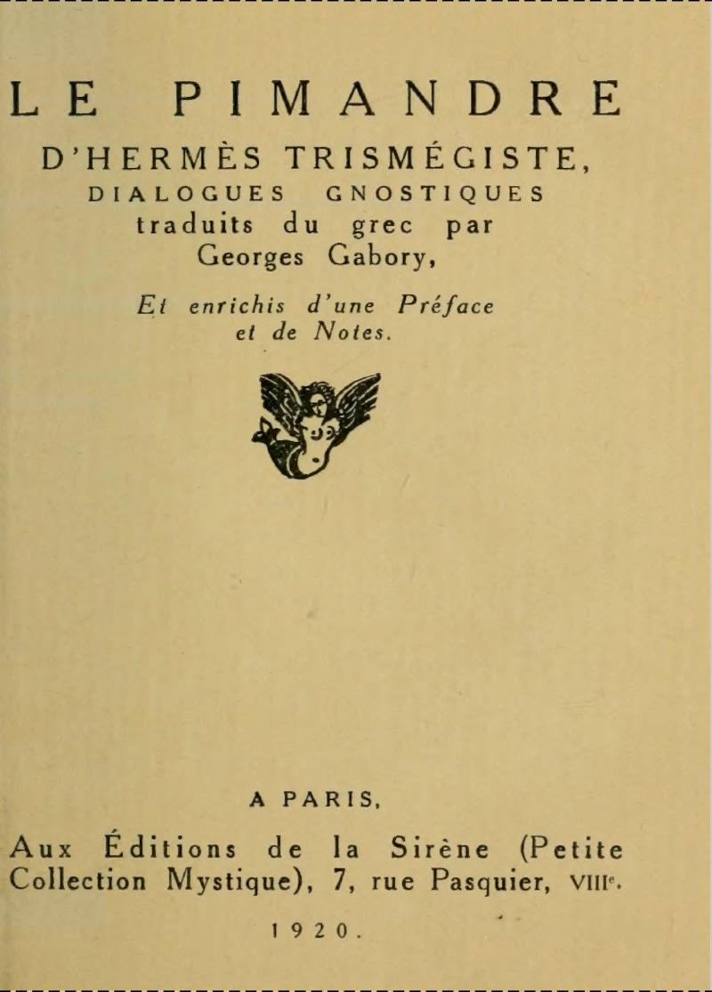 La Pimandre par Hermes Trismegiste